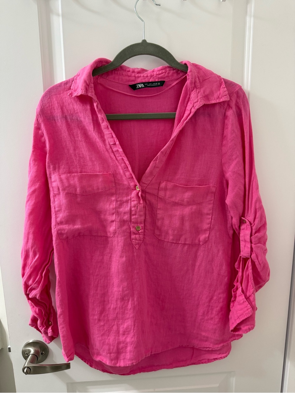 Zara Bright Pink Linen-Blend Roll-Tab Tunic